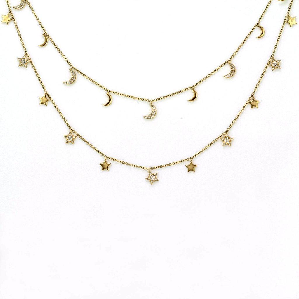 0.80ct Micro Pavé Diamonds in 14K Gold Star & Crescent Moon Charm Opera Necklace 32"
