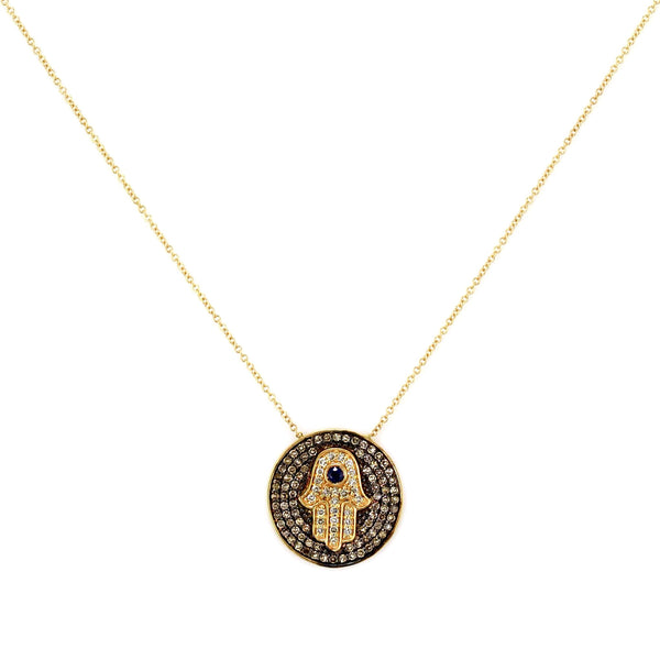 0.50ct Pavé Round Diamonds & Sapphires in 14K Gold Hamsa Hand Medallion Charm Necklace