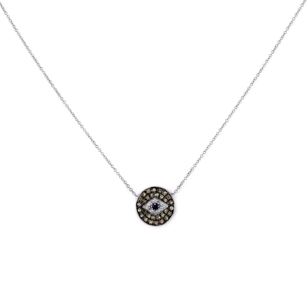 0.20ct Micro Pavé Round Diamonds & Sapphires in 14K Gold Evil Eye Mini Medallion Charm Necklace