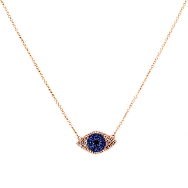 0.43ct Micro Pavé Round Diamonds & Sapphires in 14K Gold Evil Eye Charm Necklace