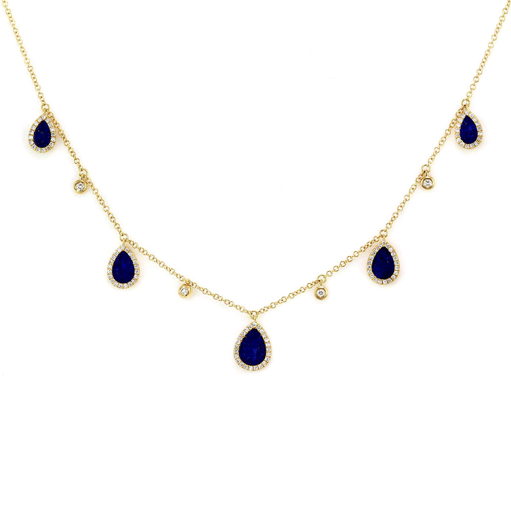1.50ct Tear Drop Lapis Lazuli  with Diamonds in 14K Gold Princess Drop Necklace