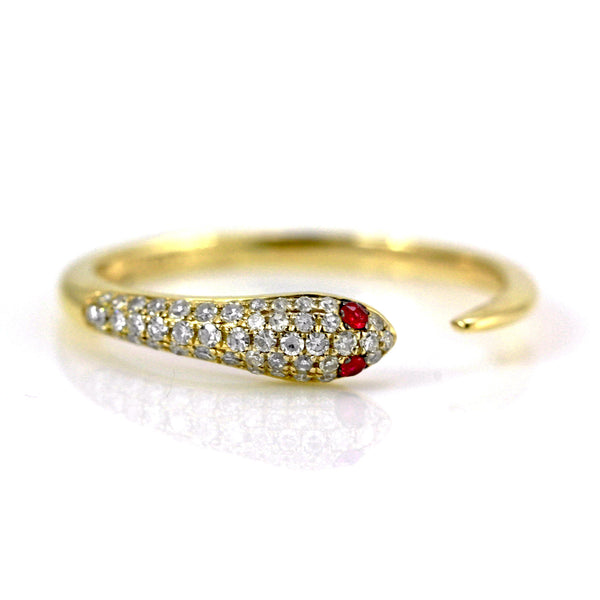 0.20ct Pavé Diamond & Ruby Eye in 14K Gold Snake of Slytherin Cuff Ring