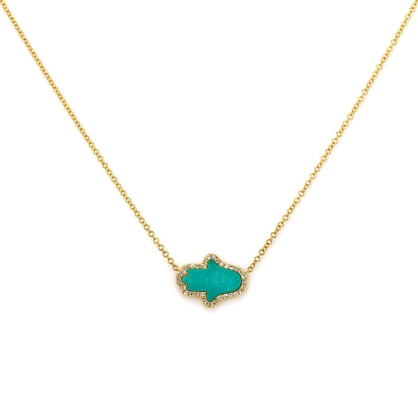 Horizontal Hamsa Turquoise with Diamonds in 14K Gold Spiritual Charm Necklace