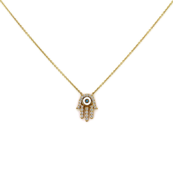 0.24ct Pavé Round Diamonds & Turquoise in 14K Gold Hamsa Hand Mantra Charm Necklace