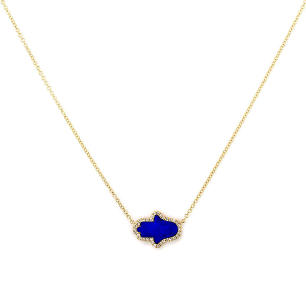 Horizontal Hamsa Lapis Lazuli with Diamonds in 14K Gold Spiritual Charm Necklace