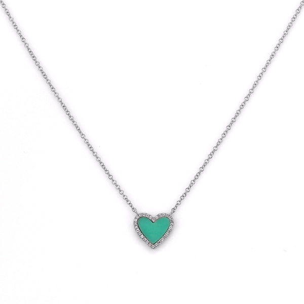 Sleeping Beauty Turquoise with Diamonds in 14K Gold Heart Charm Necklace