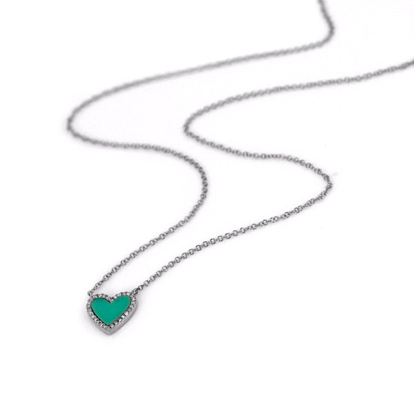 Sleeping Beauty Turquoise with Diamonds in 14K Gold Heart Charm Necklace