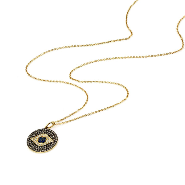 0.51ct Micro Pavé Round Diamonds & Sapphires in 14K Gold Evil Eye Medallion Charm Necklace