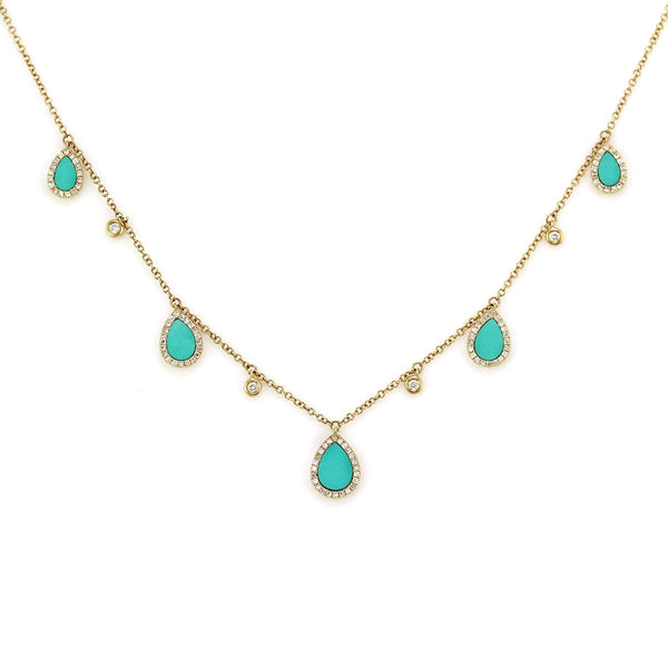 1.50ct Tear Drop Turquoise  with Diamonds in 14K Gold Princess Drop Necklace
