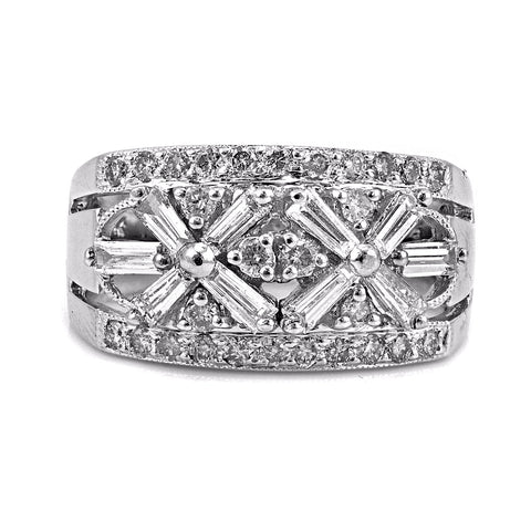 1.05ct Diamonds in 14K White Gold Floral Art Deco Anniversary Ring