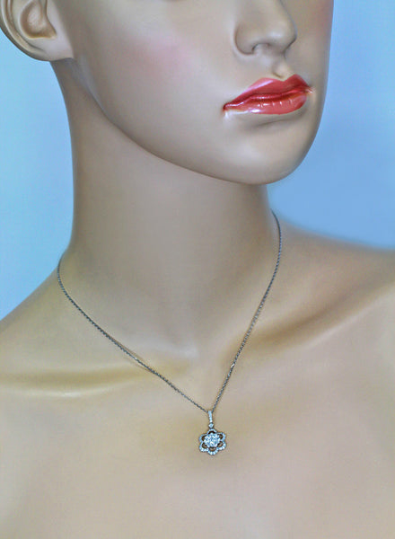 1.00ct Diamonds in 14K White Gold Flower Pendant Necklace 16"