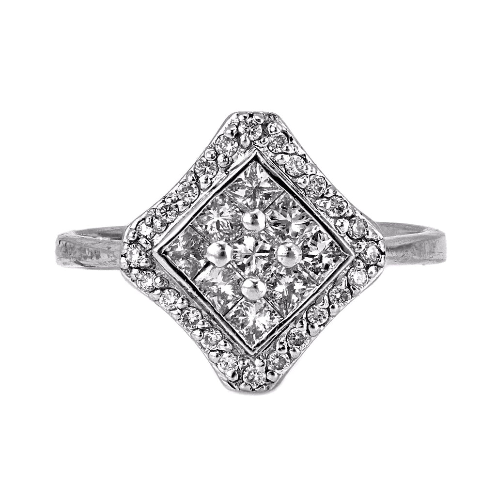 0.90ct Princess & Round Diamonds 18K White Gold Statement Ring