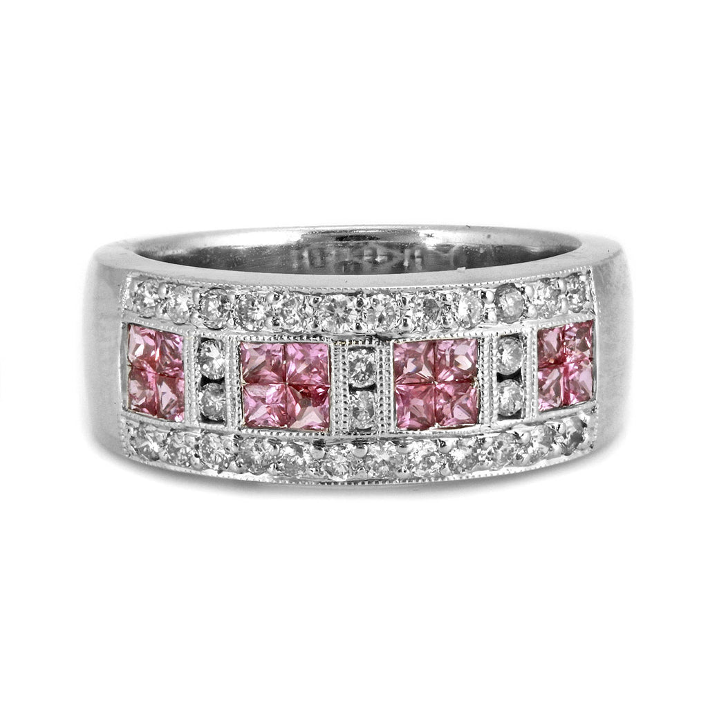 1.21tcw Pink Sappire & Round Diamond in 14K White Gold Band Ring