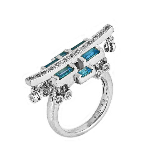 0.60ct Blue Topaz & Diamond 14K White Gold Exotic Chinese Gate Inspired Ring