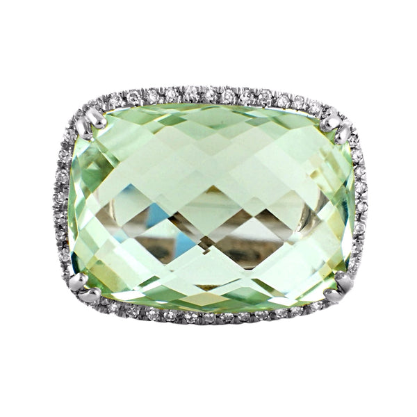 13.99tcw Faceted Cabochon Green Amethyst & Diamonds in 14K Gold Cocktail Ring