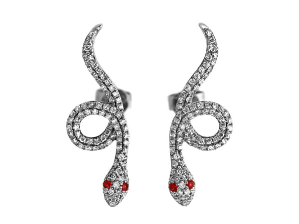 0.51ct Pavé Ruby & Diamonds in 14K Gold Snake of Slytherin Motif Earrings