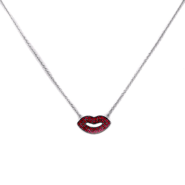 0.31ct Pavé Red Round Ruby in 14K Gold Sexy Lips Pendant Necklace