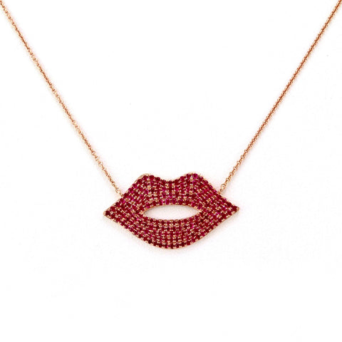 1.35ct Pavé Red Ruby in 14K Gold Sexy Lips Pendant Necklace