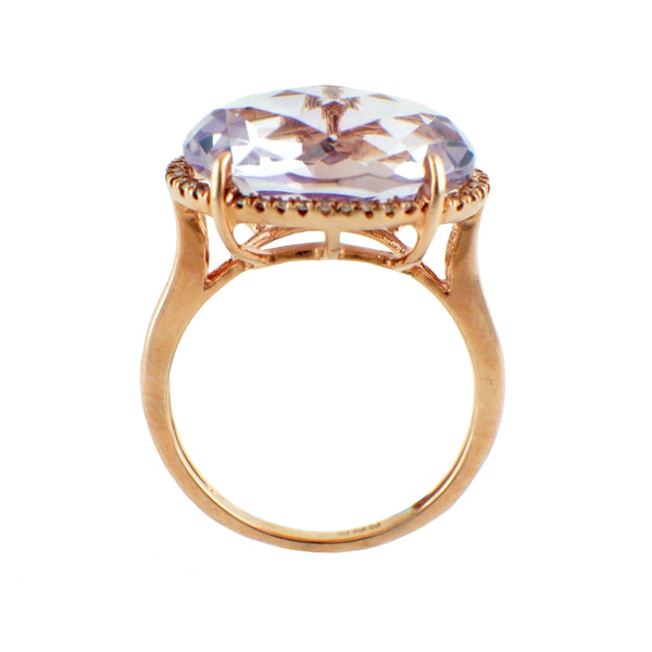 8.85tcw Faceted Cabochon Pink Amethyst & Diamonds in 14K Gold Cocktail Ring