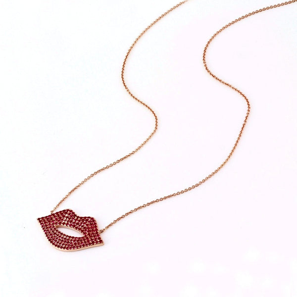 1.35ct Pavé Red Ruby in 14K Gold Sexy Lips Pendant Necklace