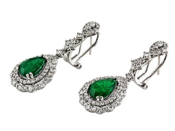 3.92ct Pear Shape Zambian Emerald with Diamonds 18K White Gold Dangle Earrings