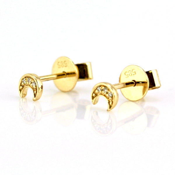 0.02ct Pavé Round Diamonds in 14K Gold Mini Crescent Moon Stud Earrings