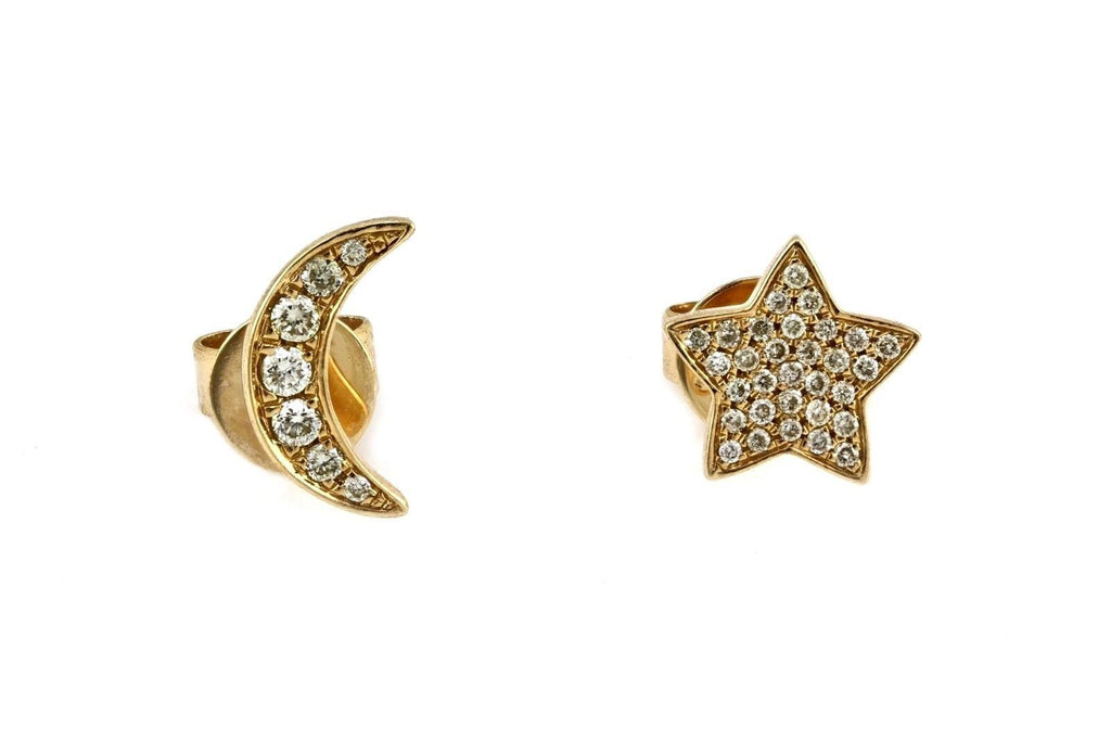 0.12ct Micro Pavé Diamonds in 14K Yellow Gold Mini Crescent Moon & Star Stud Earring