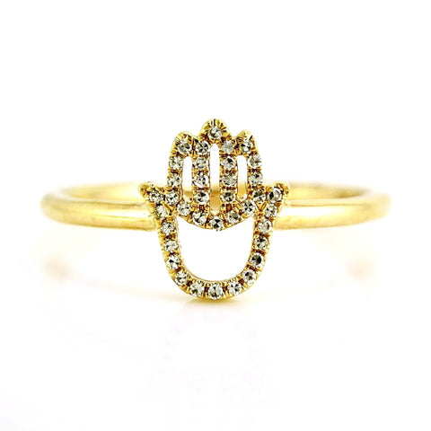 0.11ct Pavé Round Diamonds in 14K Gold Hamsa Ring