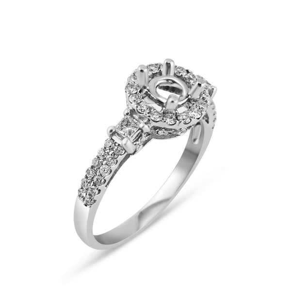 0.65ct Pavé Side Diamonds in 14K White Gold Semi-Mount 3Stone Halo Ring
