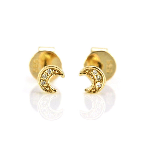 0.02ct Pavé Round Diamonds in 14K Gold Mini Crescent Moon Stud Earrings
