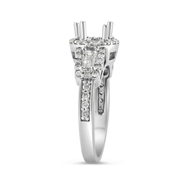 0.73ct Pavé Side Diamonds in 14K White Gold Semi-Mount 3Stone Halo Ring