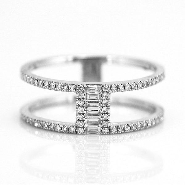 0.29ct Baguette & Round Diamonds in 14K Gold Bridge Double Band Ring