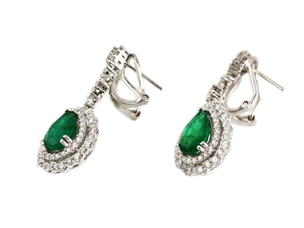 3.92ct Pear Shape Zambian Emerald with Diamonds 18K White Gold Dangle Earrings