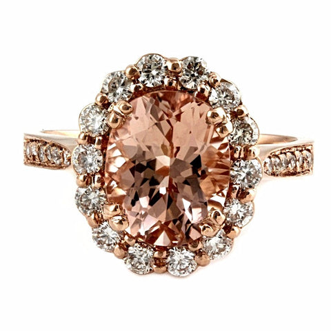 3.56tcw Oval Morganite & Diamonds in 14K Rose Gold Engagement Halo Ring