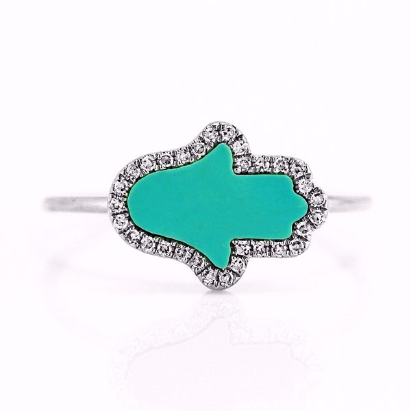0.44ct Turquoise & Diamonds in 14K Gold Hamsa Hand Ring