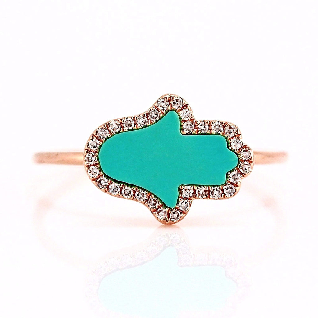 0.44ct Turquoise & Diamonds in 14K Gold Hamsa Hand Ring