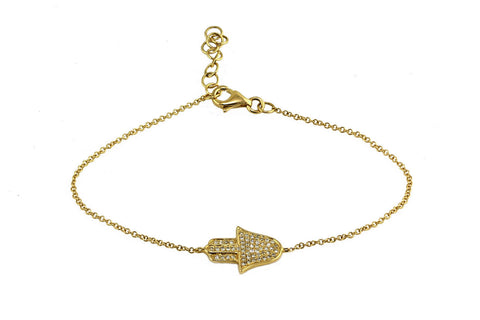 0.15ct Pavé Diamonds in 14k Gold Hamsa Hand of Fatima Charm Bracelet - 7"