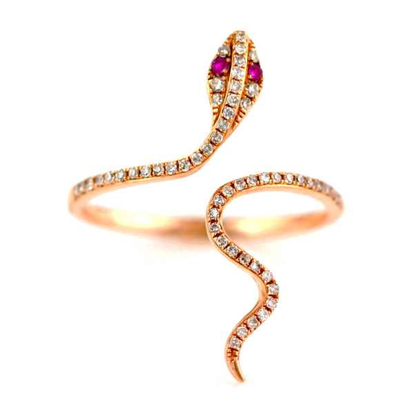 0.19ct Pavé Diamonds & Ruby in 14K Gold Snake of Slytherin Motif Ring